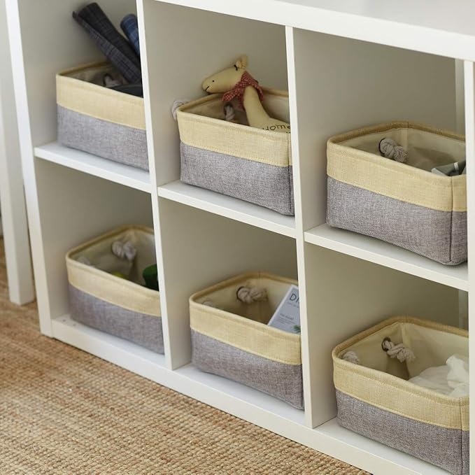 Sacyic Fabric Storage Baskets for Organizing(6 Pack) Small Baskets for Shelves,storage, Laundry, Nursery, Closets, Decorative Baskets for Gifts Empty (Grey & gold, 11.8” x 7.8” x 5.1”)