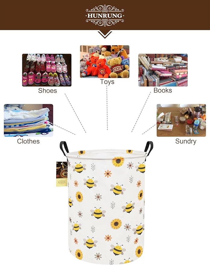 HUNRUNG Laundry Hamper,Large Canvas Fabric Lightweight Storage Basket Toy Organizer Dirty Clothes Collapsible Waterproof for College Dorms(Round-Bee)