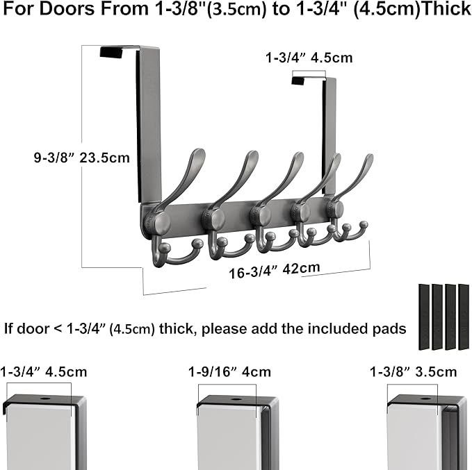 Dseap Over Door Hook 2.0 - Upgraded Version - Simple-Assembly, Strong, Heavy-Duty Stainless Steel 5-Tri-Hook Over The Door Hanger Rack, SimpleStrong Series, Grey