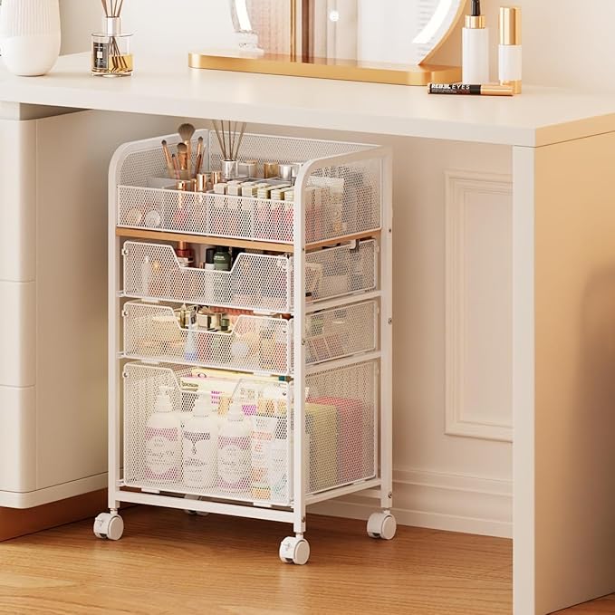 Makeup Cart Organizer with 3 Drawers,Floor Skincare Organizers with Dividers, Vanity Organizer Cosmetics Display Cases Holder for Skin Care Nail Polish Perfume Makeup brush Hair Tool,White