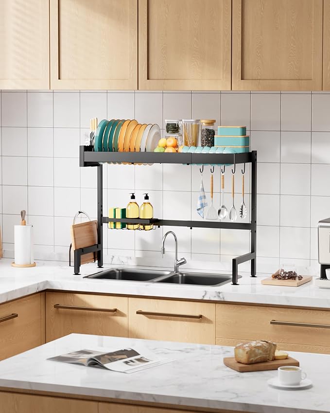 Over The Sink Dish Drying Rack, Expandable 2-Tier Stainless Steel Kitchen Storage Organization Accessories for Countertop, Rustproof & Space-Saving, 30"–34.5" L x 12" W x 25" H, Black