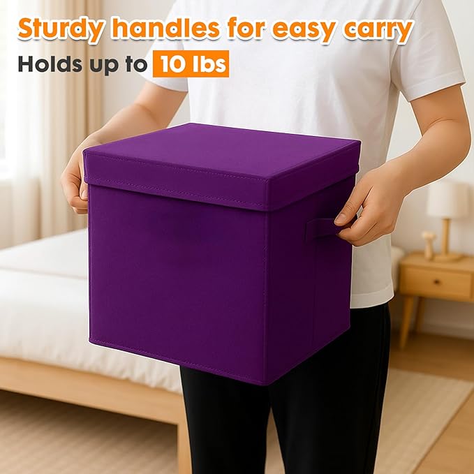 ShellKingdom Storage Bins, Foldable Fabric Storage Cubes with Lid, Clothes Storage Organizer Drawer For Closet Toys Storage, 10.5 X 10.5 X 11 INCH, 2 Pack (Purple)