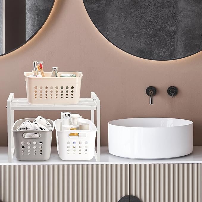 DEAYOU 9 Pack Plastic Storage Basket, Small Pantry Organizer Basket Bins, Rectangular Storage Tray Baskets Container with Handle for Shelf, Bathroom, Household, Desktop (Beige, White, Gray)