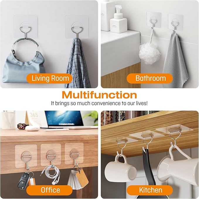 48 Pack Heavy Duty Adhesive Wall Hooks for Hanging - 33lb Max, Transparent Waterproof Rustproof Self Adhesive Hooks for Bathroom, Shower, Kitchen, Outdoor and Home
