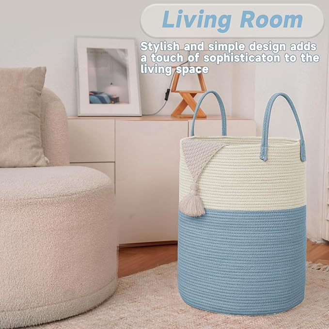 Large Woven Laundry Basket Hamper,60L Cotton Rope Storage Bin for Blankets,Toys and Clothes,Decorative Tall Nursery Hamper for Living Room,Baby Nursery,Bathroom and Bedroom,White and Blue
