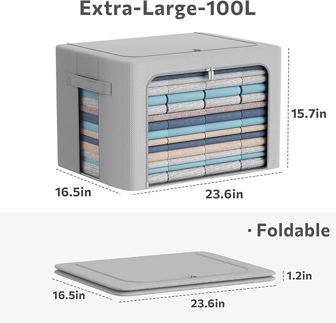 CYhom 3Pack Frame Storage Box - Clothes Storage Bin Bags Oxford Fabric Foldable Stackable Container Organizer Set with Clear Window & Carry Handles (Grey, Extra Large-100L)
