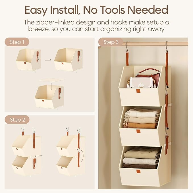 Collapsible Hanging Closet Organizer - 3 Tier Closet Shelves Storage System with Hooks, Fabric Hanging Storage Bins for Clothes, Foldable Storage Basket for Laundry, Bedroom, Rv, Beige
