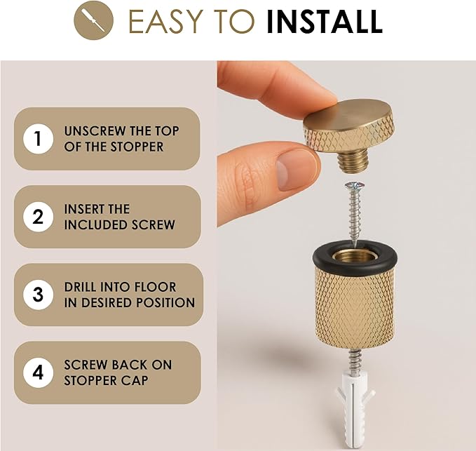 Mega Handles Knurled Floor Door Stopper, Quickly Installed Wall Protector, Wall Protectors from Door Knobs, Floor Door Stop with Mounting Hardware Included - Satin Brass - 2 Inches