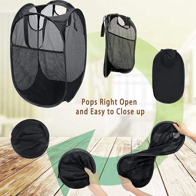 Laundry Basket, Laundry Hamper - Mesh Popup Laundry Hamper. Portable, Durable Handles, Collapsible for Storage, and Easy to Open. Great for The Kids Room, College Dorm, or Travel. (Black)[SHOOTING]