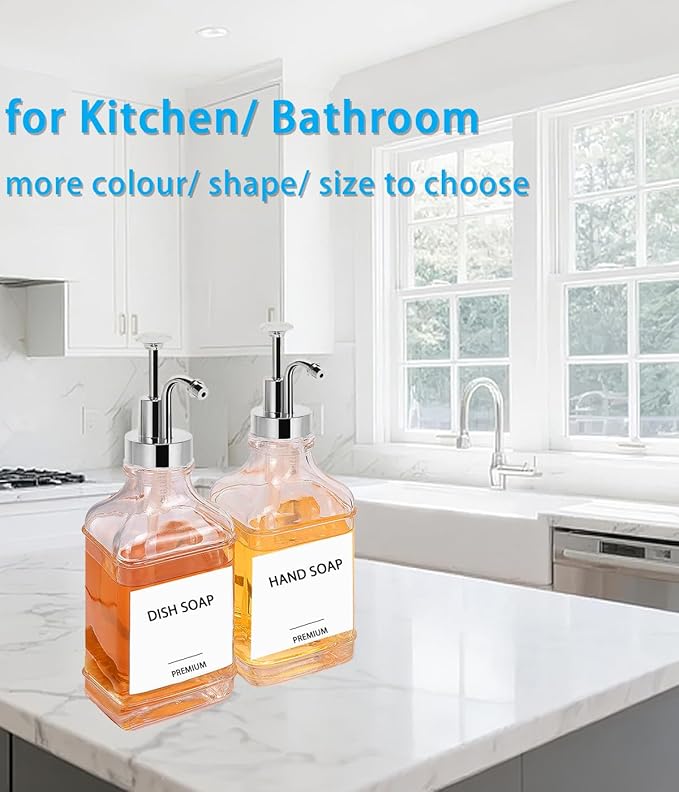 Dish Soap Dispenser for Kitchen, Hand Glass Soap Dispenser Set with Pump, Funnel for Bathroom, Shower, Laundry, Liquid, Lotion (Silver 2 Pack 18 Oz Clear Bottles with 12 Stickers)