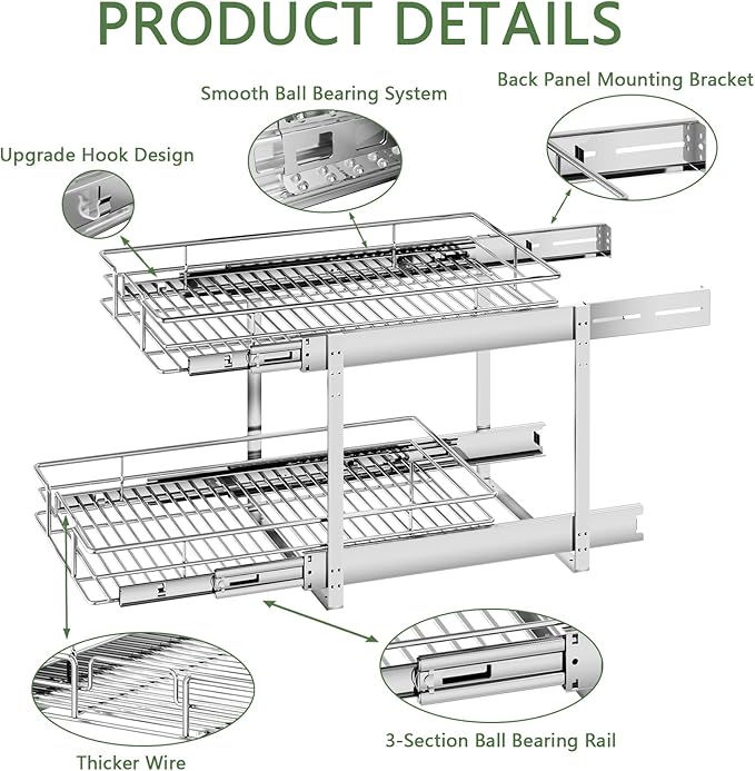 MODCART 2 Tier Individual Pull Out Cabinet Organizer 11½" W x 21½" D, Heavy Duty Cabinet Pull Out Shelves, Slide Out Drawers Organization for Kitchen Cabinets Bathroom
