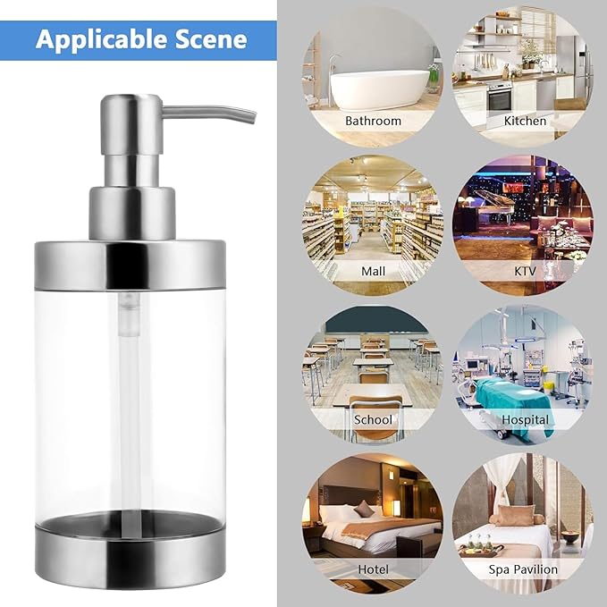 Dish Soap Dispenser Stainless Steel Case Acrylic Liner Hand Pump Dispenser Shatterproof and Leakproof Refillable Liquid Hand Soap Dispenser for Bathroom & Kitchen (10OZ/300ML)