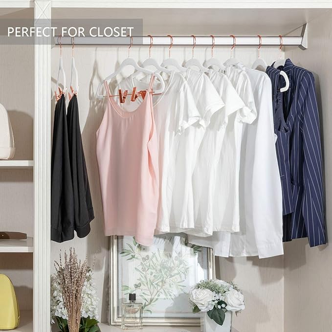 MIZGI Premium Velvet Pants Hangers with Clips (Pack of 20) Slim Skirt Hangers- Non Slip Felt Outfit Dress Hangers White - Copper/Rose Gold Hooks,Space Saving Shirt Clothes Hangers