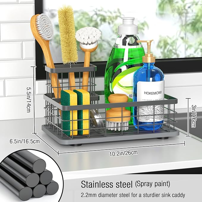 EXTRA LARGE Kitchen Sink Caddy Organizer, [FLEXIBLE PLACEMENT & FAST-DRYING] Sponge Holder for Kitchen Sink Countertop,Stainless Steel with Rust-Resistant Coating-10.24" L x 6.5" W x 5.83" H