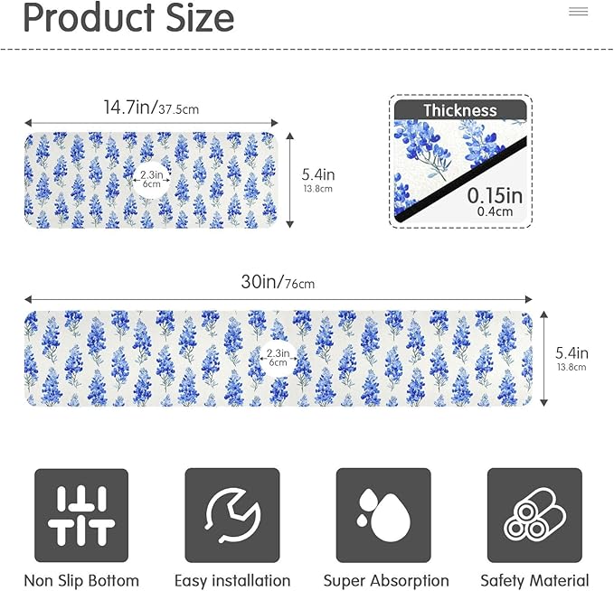 Watercolor Bluebonnets Lavender Herb Kitchen Sink Splash Guard Sink Faucet Mat Faucet Handle Drip Catcher Drain Mats for Kitchen Bathroom Countertop Absorbent Dish Drying Pad 2Pack