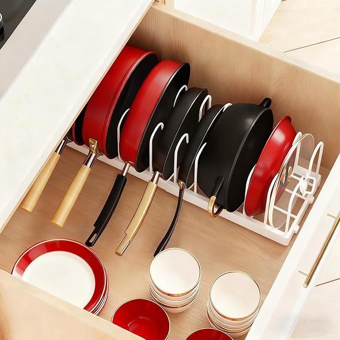 Expandable Pots and Pans Organizer Rack for Under-Cabinet Storage - Adjustable Kitchen Cabinet Organizer with 13 Dividers, Cutting Board Holder & 6 Non-Slip Silicone Pads-White