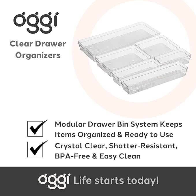 Oggi Clear Drawer Organizer - 6" X 6.25"- Ideal for Organizing Kitchen Drawers, Office, Desk, Silverware, Kitchen Utensils, Cosmetics and Bathrooms