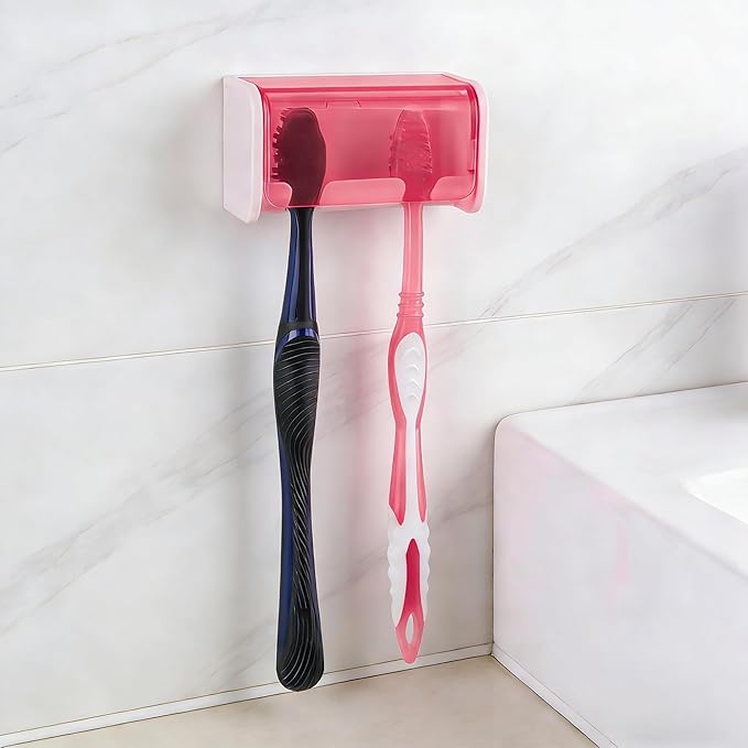 Toothbrush Holder Wall Mounted with Cover for Bathroom, 2 Slots Toothbrush Storage Organizer for Shower, Self Adhesive Toothbrush Hanger Rack for Dorm, Cabinet (Pink)