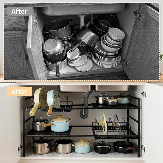 Pots and Pans Organizer Under Cabinet, Expandable Length, Adjustable Height Under Sink Shelf 2 Tier with 5 Dividers Under Cabinet Shelf, Metal Frame for Bathroom Kitchen Pantry Cabinet (Black)