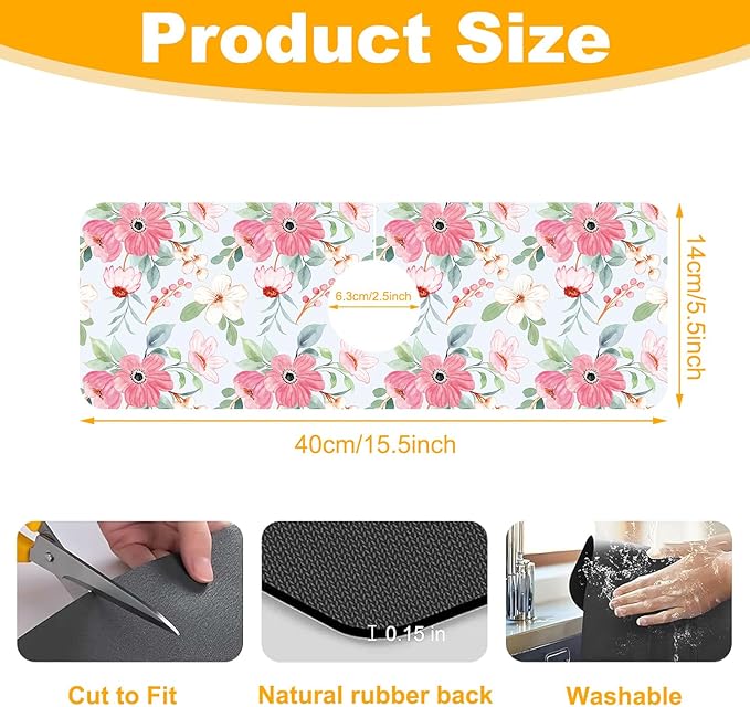 2 Pack Watercolor Floral Sink Faucet Absorbing Mat White Pink Flowers Super Absorbent Fast Drying Mat Sink Gadgets Behind Faucet Sinkmat for Kitchen Bathroom, 15.5"x5.5"