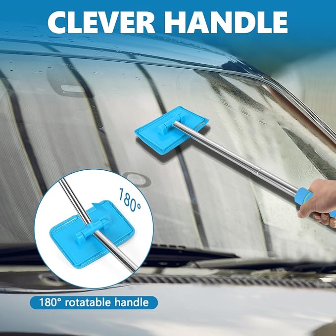 Car Windshield Cleaning Tool, Car Windshield Window Cleaner, Auto Glass Wiper Tool with Extendable Handle & Reusable Microfiber Pad, Universal Vehicle Cleaning Car Accessories (Sky Blue)