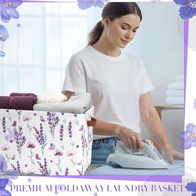 Boao 3 Pack Flowers Storage Basket with Handles, Herbs Floral Collapsible Large Canvas Storage Bins, Foldable Laundry Basket Organizer for Gifts, Toys, Clothing, Bedroom, Closet, Living Room, Nursery