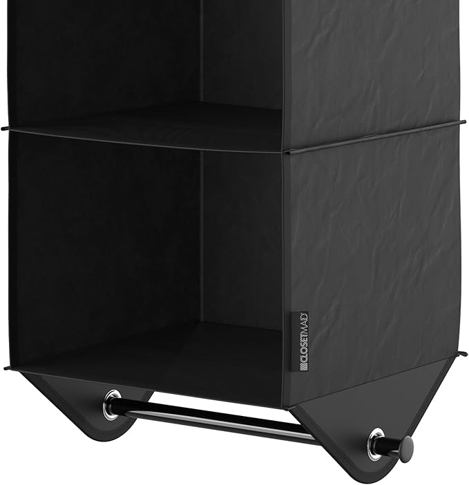 ClosetMaid 3-Shelf Fabric Hanging Closet Organizer with Garment Rod for Shirts, Sweaters, Pants, Hats, Shoes, Purses with Charcoal Black Finish