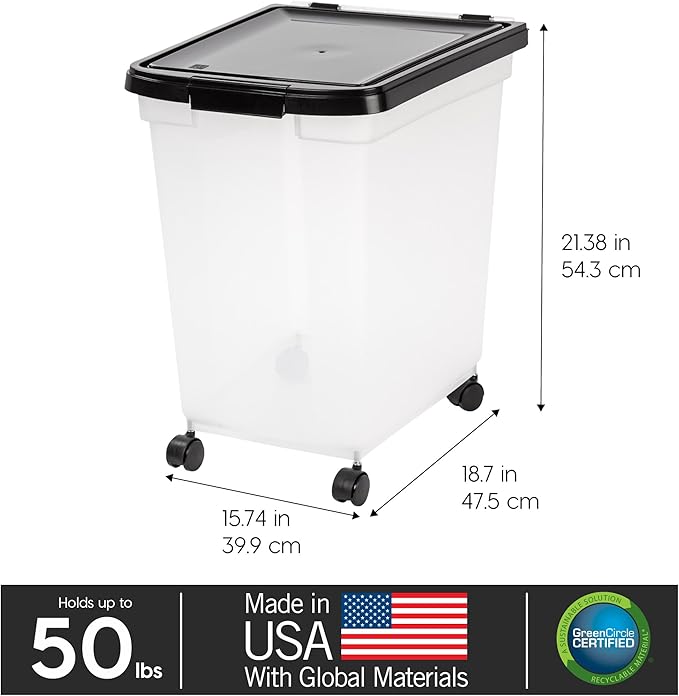 IRIS USA WeatherPro Airtight Dog Food Storage Container, Up to 50 lbs, Removable Wheels, for Dog Cat Bird and other Pet Food Storage Bin, Keep Fresh, Translucent Body, Easy Mobility, Clear/Black