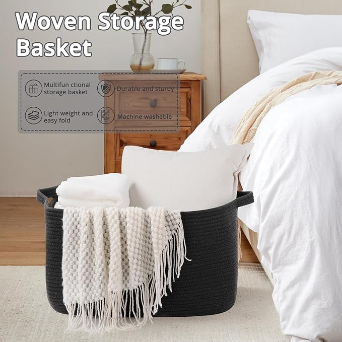 70L Large Blanket Basket, 21.6" x 16.9" x 11.8" Woven Storage Basket for Living Room, Nursery Blanket Storage for Toys, Towels, Dirty Clothes (Black)