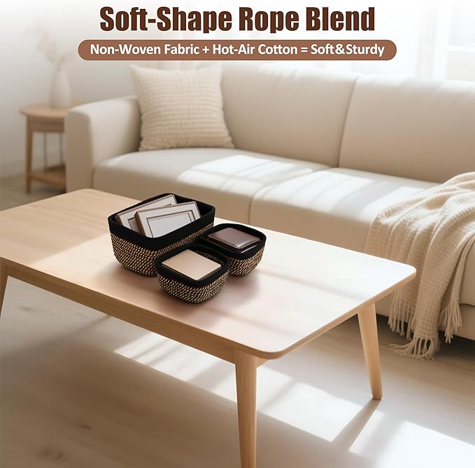 5-Pack Small Woven Rope Storage Baskets – 2 Sizes Organizer Bins for Closet, Shelf, Bookshelf, Nursery, Changing Table, Fabric Cube Boxes, Rectangular Shallow Bins for Bathroom, Toy & Home