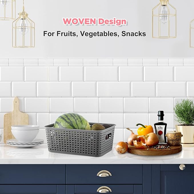 AREYZIN Small Storage Bins Plastic Storage Baskets Set of 6 Sturdy Small Pantry Organizer Bins Organization and Storage Shelves Baskets for Organization, Countertops, Desktops, Cabinets, Bedrooms
