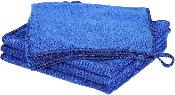 HARFINGTON 4 Pack Microfiber Cleaning Cloth, 16" x 12" Multi-Functional Cleaning Towels Reusable Absorbent Rags with Hook for Car Wash Kitchen Household Window Clean, Sapphire Blue