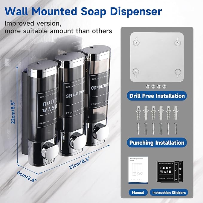 Shower Soap Dispenser Wall Mounted No Drill Shampoo Dispenser for Shower Wall Shampoo and Conditioner Dispenser Bathroom Hote 3 * 300ml Chrome Self