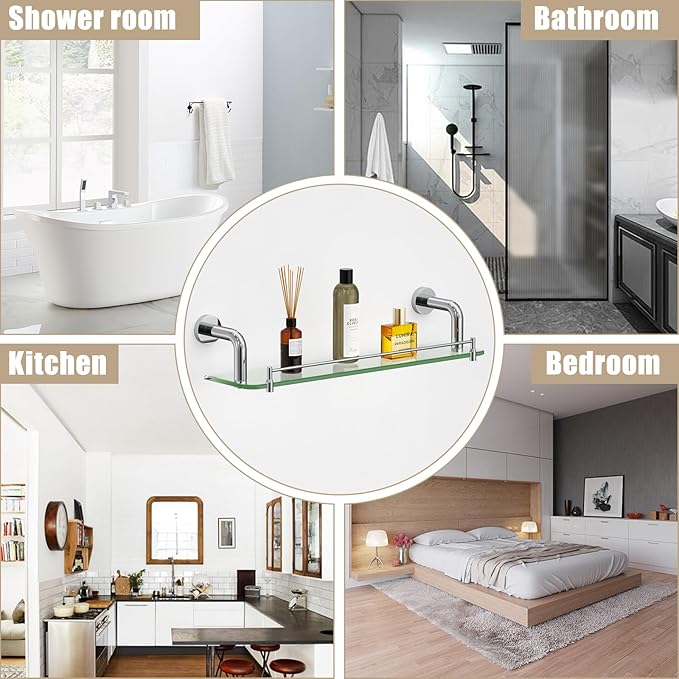 SFGSOWOR Floating Glass Shelves for Bathroom with Towel Bar Chrome Bending Style, 20 Inch Tempered Glass Shelf for Wall Shelf Sink Over Toilet