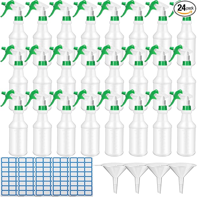 Zubebe 24 Pack 32 oz Plastic Spray Bottle Bulk Empty Leakproof Heavy Duty Spray Bottles for Cleaning Supplies Mist Bottles with Label and Adjustable Nozzle for Plant(Green,Clear Scale)