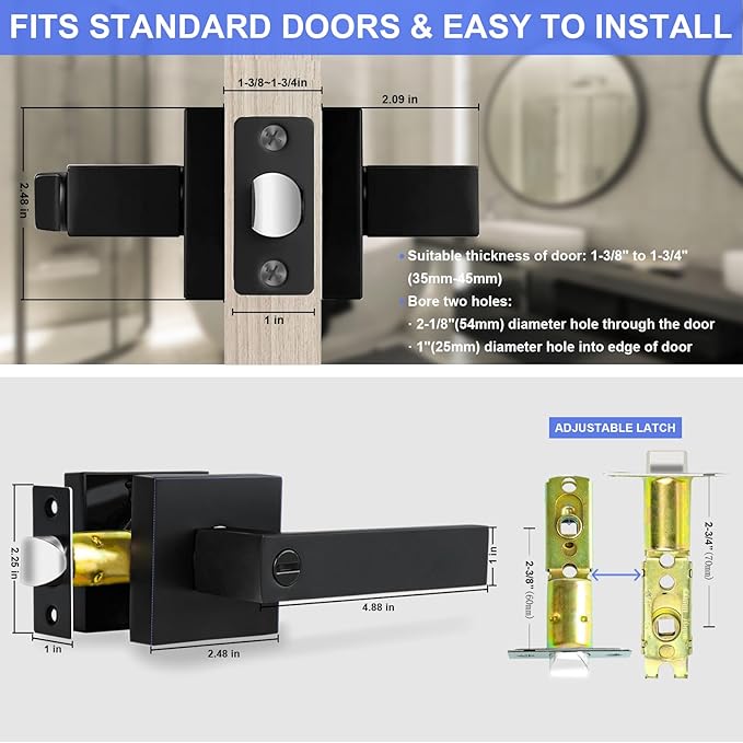 Privacy Interior Door Lever, 2 Pack Heavy Duty Matte Black Door Handles Square Door Knobs for Bedroom & Bathroom Keyless Door Lock Handles for Right & Left Sided Doors