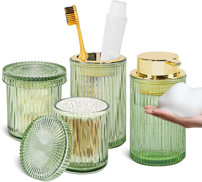 Green Glass Bathroom Accessories, 4 Pcs Bathroom Sets Complete, Foaming Soap Dispenser,Toothbrush Holder and Qtip Holder Set,Modern Ribbed Vanity Countertop Organizer for Decor