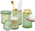 Green Glass Bathroom Accessories, 4 Pcs Bathroom Sets Complete, Foaming Soap Dispenser,Toothbrush Holder and Qtip Holder Set,Modern Ribbed Vanity Countertop Organizer for Decor
