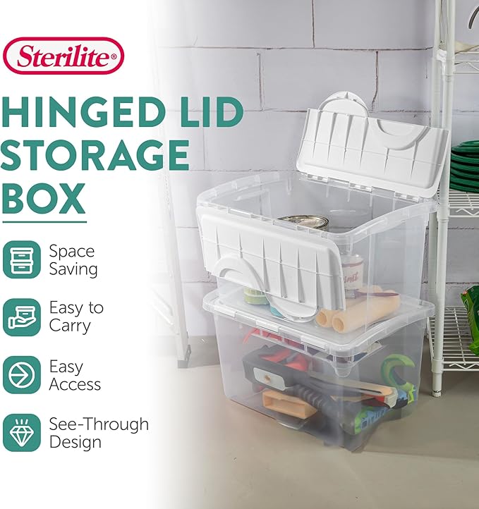 Sterilite 48 Qt Hinged Lid Storage Box, Stackable Bin with Lid, Plastic Container to Organize Home, Office, Basement, Clear with White Lid, 18-Pack