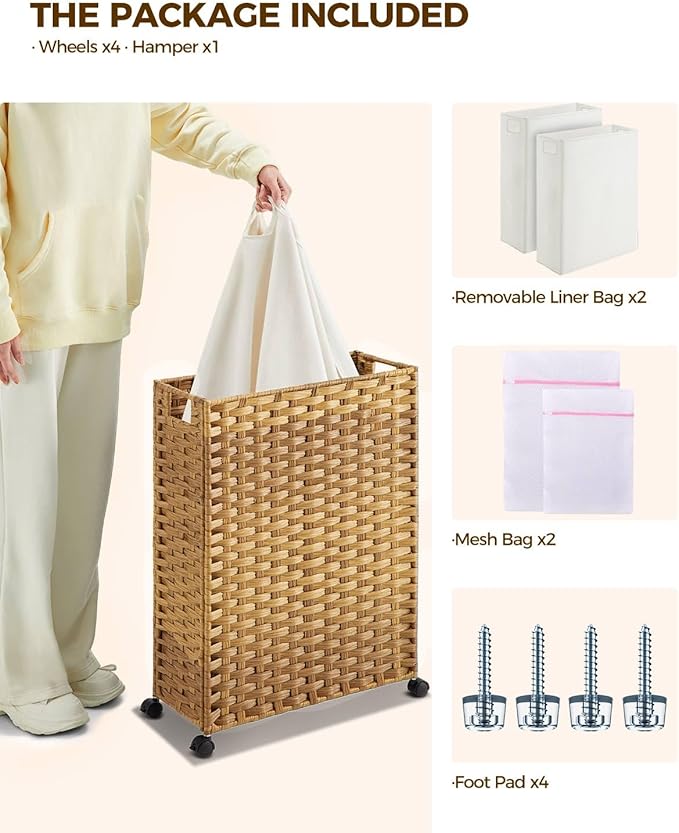 Greenstell Laundry Hamper with Wheels, 17.4 Gallon (66L) Slim Laundry Basket with 2 Removable Liner Bags & 2 Mesh Bags, Narrow Rattan Clothes Hamper for Bedroom, Laundry Room, Bathroom, Natural