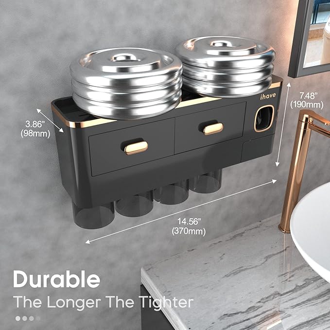 iHave Toothbrush Holders Wall Mounted with Toothpaste Dispenser & 4 Cups - Luxury Black and Gold Design for Bathroom Decor, All-in-One Bathroom Organizers & Storage for Toothbrushes and Accessories