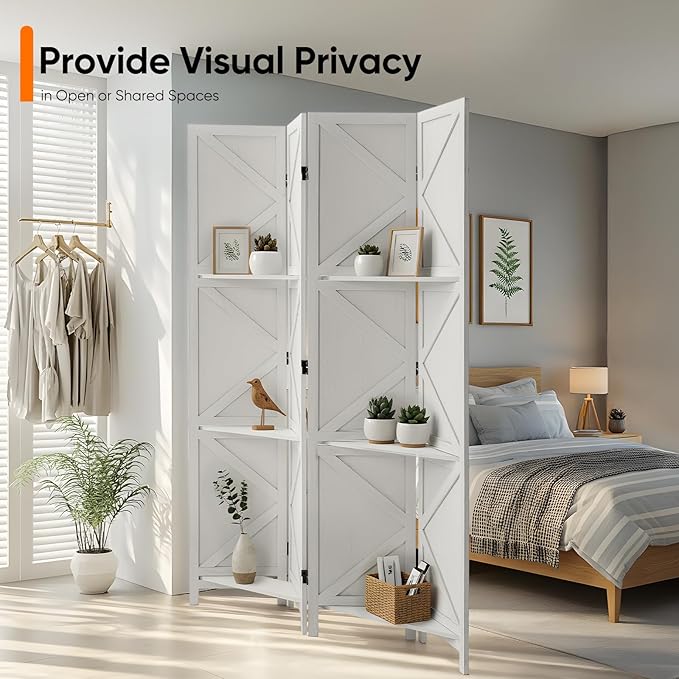Modern Room Divider with Shelves, White X-Shape Design Folding Partition, 4-Panel Contemporary Freestanding Divider for Bedroom&Office, 67" H x 64" W