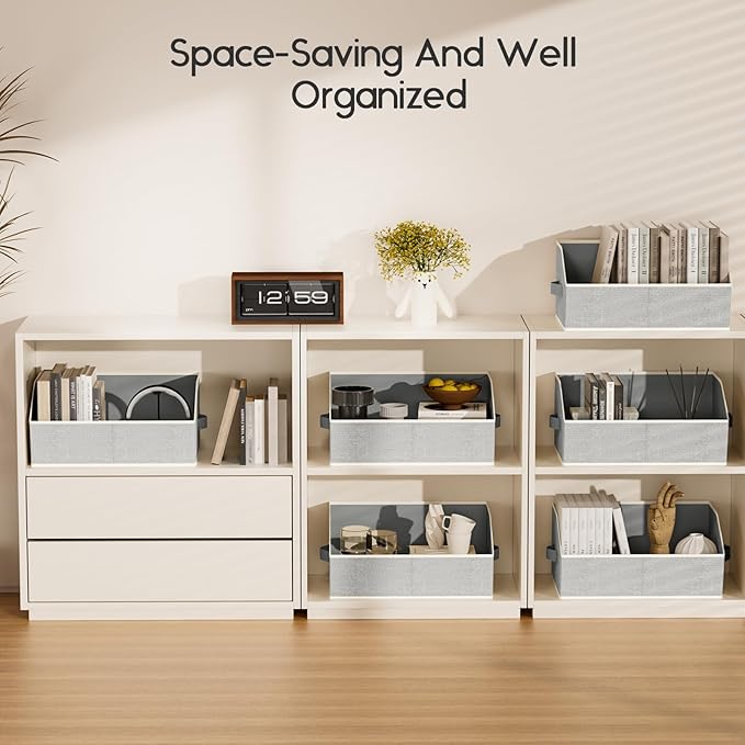 Large Closet Organizers and Storage Bins - 4 Pack Trapezoid Storage Baskets for Shelves, Foldable Fabric Baskets with Handles Ideal for Closet, Basket, Wardrobe and Shelf Storage, Light Grey