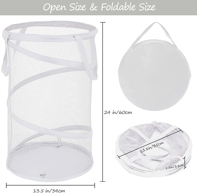 BATTOO Large Collapsible Laundry Basket Foldable Mesh Pop Up Hamper with Handles for Laundry Room, Bathroom, Kids Room, College Dorm, Travel, Storage Organizer White