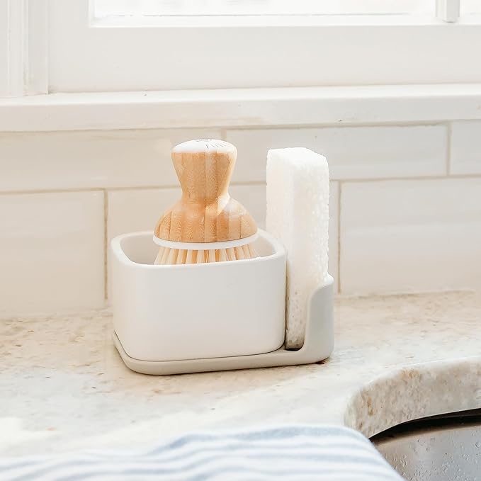 Full Circle Bubble Up Combo – Family Safe, Formaldehyde-Free – Gray Ceramic Soap Dish with Plant-Based Sponge & Bamboo Dish Brush – Versatile Kitchen Scrub Brush Set for Pots, Pans, Counter & Ovens