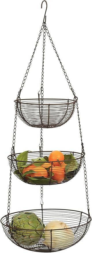 RSVP International Hanging Storage Collection 3-Tier Baskets, Bronze Woven Wire (Pack of 3)