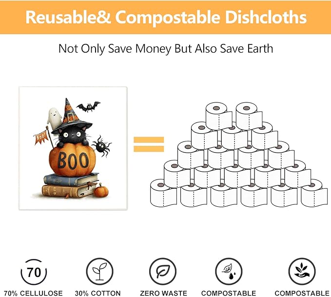 6 Pack Swedish Dishcloths for Kitchen - Reusable Dish Paper Towels Wash Cloths Washable,Absorbent Cellulose Cleaning Sponge Cloth Wipes, Decorative Tea Towels,No Odor Biodegradable(Halloween)