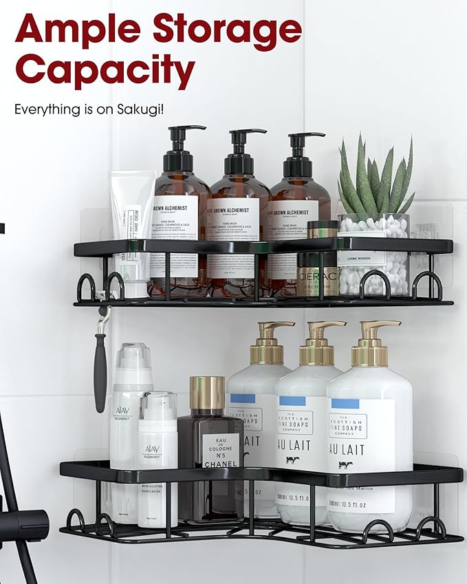 Corner Shower Caddy - 2 Pack, Adhesive Shower Organizers, Rustproof Stainless Steel Shower Shelves with 8 Hooks, No Drilling Bathroom Organizers and Storage Racks, Space-Saving, Black, Medium