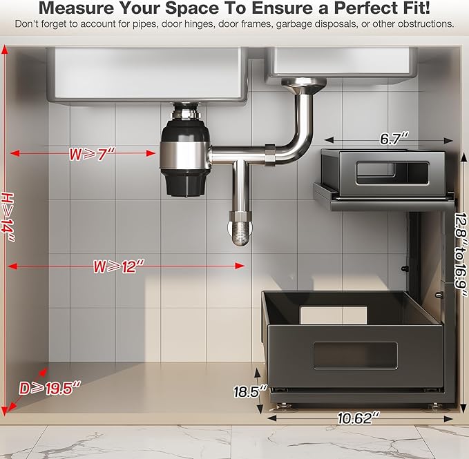 Corbyles 2 Pack 18.5IN-Depth Under Sink Organizer With Next-Gen Ball-Bearing Slides,2-Tier Pull Out Cabinet Storage,Height Adjustable Drawer Shelf for Bathroom,Kitchen,Laundry,Cabinet,Pantry-Black