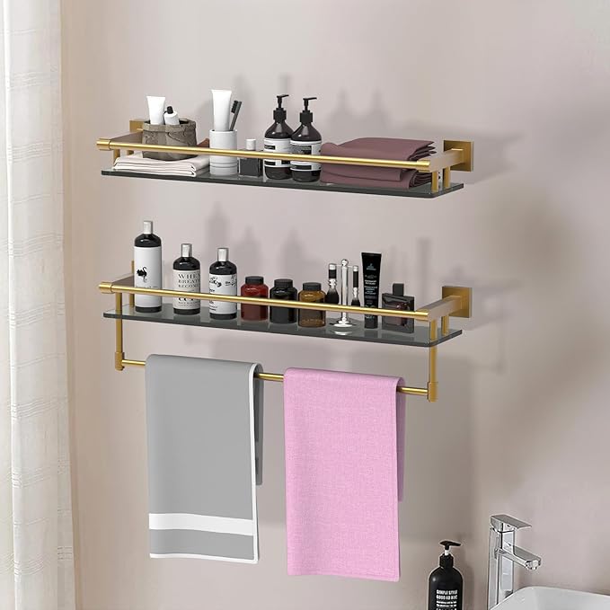 SFGSOWOR Bathroom Glass Shelf with Towel Bar/Rack 24 inches Wall-Mounted Shelves Tempered Glass Sink Toilet Organizer Shower Towel Decorative Storage (Polished Gold Finish)